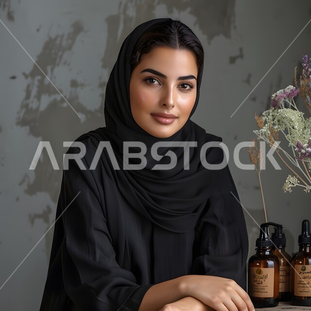 ملابس محجبات عصرية راقية، الاناقة والاهتمام بالمظهر الخارجي، صورة مقربة لشابة عربية خليجية سعودية محجبة مبتسمة تنظر الى الكاميرا بايماءات السرور والسعادة، مفهوم الانوثة والنعومة، تعابير الجدية والثقة بالنفس