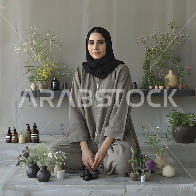 ملابس محجبات عصرية راقية، الاناقة والاهتمام بالمظهر الخارجي، صورة مقربة لشابة عربية خليجية سعودية محجبة مبتسمة تنظر الى الكاميرا بايماءات السرور والسعادة، مفهوم الانوثة والنعومة، تعابير الجدية والثقة بالنفس