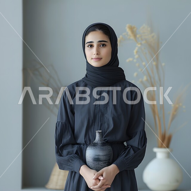 Gestures of self-confidence, interest in appearance, concept of femininity, elegance and softness, portrait of a smiling veiled Saudi Arabian Gulf woman wearing an abaya standing straight and looking at the camera with gestures of pleasure, Gulf abayas with modern designs