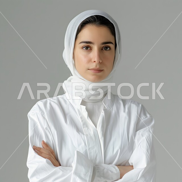 الاناقة والاهتمام بالمظهر الخارجي، صورة مقربة لشابة عربية خليجية سعودية محجبة مبتسمة ترتدي الحجاب الأبيض تنظر الى الكاميرا بايماءات السرور والسعادة، مفهوم الانوثة والنعومة، تعابير الجدية والثقة بالنفس، خلفية بيضاء