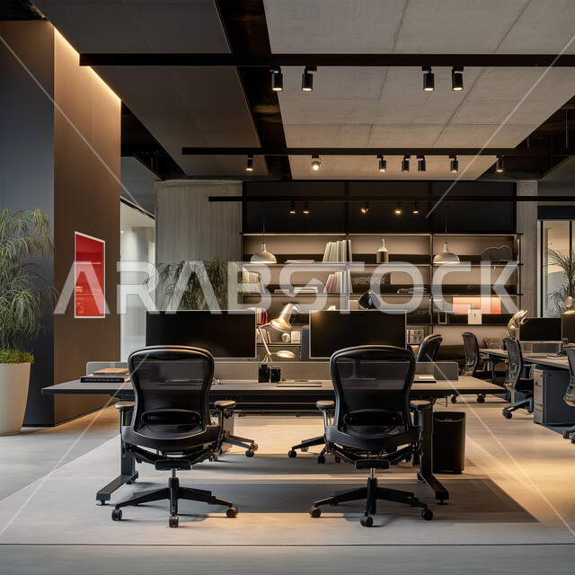 غرف مكتبية بتصاميم وديكورات داخلية فخمة، التصميم الحديث للمكاتب في الشركات السعودية، قاعة اجتماعات واسعة مع طاولة خشبية محاطة بكراسي، النوافذ والواجهات الزجاجية الكبيرة بإطلالة على المدينة, استخدام الأضواء والاكسسوارات العصرية