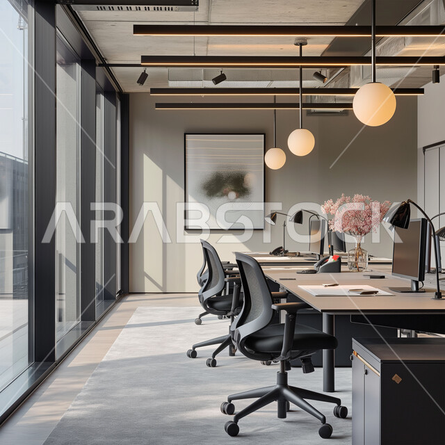 غرف مكتبية بتصاميم وديكورات داخلية فخمة، التصميم الحديث للمكاتب في الشركات السعودية، قاعة اجتماعات واسعة مع طاولة خشبية محاطة بكراسي، النوافذ والواجهات الزجاجية الكبيرة بإطلالة على المدينة, استخدام الأضواء والاكسسوارات العصرية