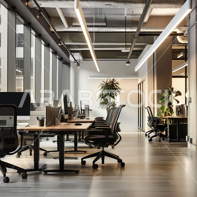 غرف مكتبية بتصاميم وديكورات داخلية فخمة، التصميم الحديث للمكاتب في الشركات السعودية، قاعة اجتماعات واسعة مع طاولة خشبية محاطة بكراسي، النوافذ والواجهات الزجاجية الكبيرة بإطلالة على المدينة, استخدام الأضواء والاكسسوارات العصرية