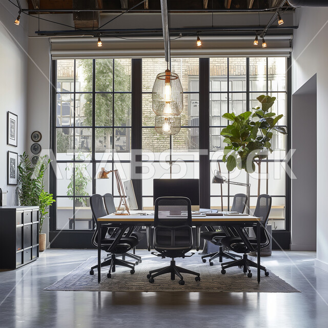 التصميم الحديث للمكاتب في الشركات السعودية، غرف مكتبية بتصاميم وديكورات داخلية فخمة، قاعة اجتماعات واسعة مع طاولة خشبية محاطة بكراسي، النوافذ والواجهات الزجاجية الكبيرة بإطلالة على المدينة, استخدام الأضواء والاكسسوارات العصرية