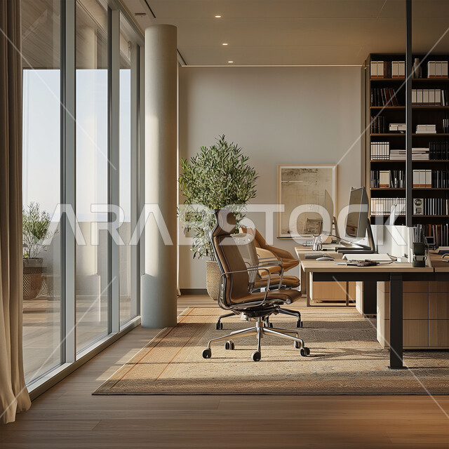 التصميم الحديث للمكاتب في الشركات السعودية، غرف مكتبية بتصاميم وديكورات داخلية فخمة، قاعة اجتماعات واسعة مع طاولة خشبية محاطة بكراسي، النوافذ والواجهات الزجاجية الكبيرة بإطلالة على المدينة, استخدام الأضواء والاكسسوارات العصرية