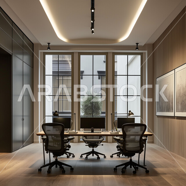 التصميم الحديث للمكاتب في الشركات السعودية، غرف مكتبية بتصاميم وديكورات داخلية فخمة، قاعة اجتماعات واسعة مع طاولة خشبية محاطة بكراسي، النوافذ والواجهات الزجاجية الكبيرة بإطلالة على المدينة, استخدام الأضواء والاكسسوارات العصرية