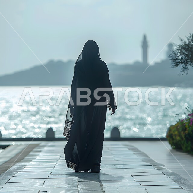 الشعور بالاكتئاب والوحدة، الحاجة إلى التأمل والاسترخاء أمام البحر وقت غروب الشمس، الاستمتاع بأوقات الفراغ في المناطق الساحليه السياحيه, صورة من الخلف لامراة عربية خليجية سعودية محجبة تقف امام البحر