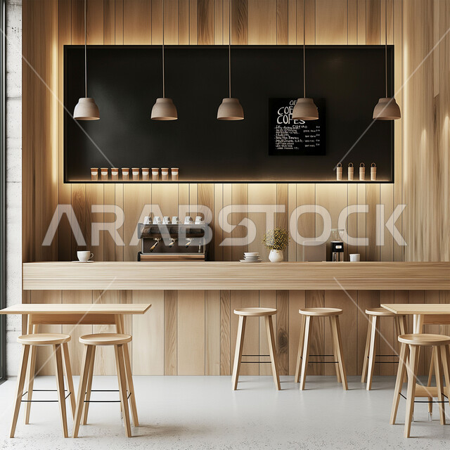 صالة مقهى بديكورات وألوان متناسقة، التصاميم الداخلية للكافيهات والمطاعم, الهندسة الفنية المعمارية لبناء المقاهي في المملكة العربية السعودية, أثاث داخلي أنيق وبسيط, استخدام الأضواء والاكسسوارات العصرية, الطاولات الخشبية المحاطة بالكراسي, أجواء الاسترخاء والهدوء