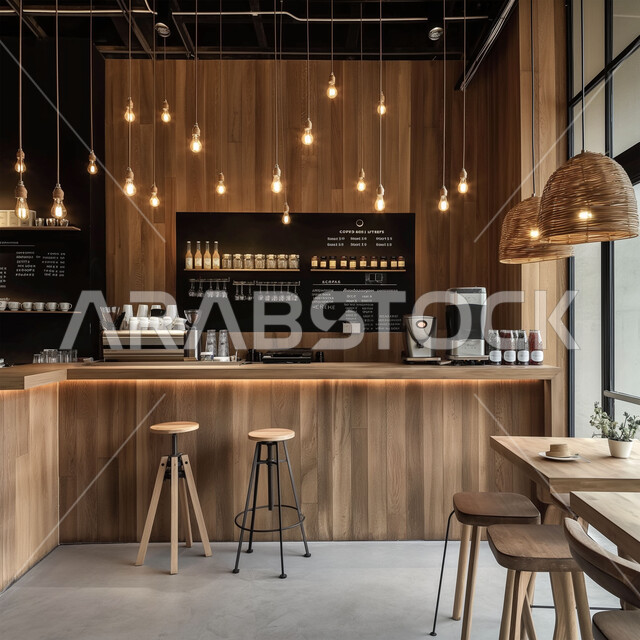 صالة مقهى بديكورات وألوان متناسقة، التصاميم الداخلية للكافيهات والمطاعم, الهندسة الفنية المعمارية لبناء المقاهي في المملكة العربية السعودية, أثاث داخلي أنيق وبسيط, استخدام الأضواء والاكسسوارات العصرية, الطاولات الخشبية المحاطة بالكراسي, أجواء الاسترخاء والهدوء