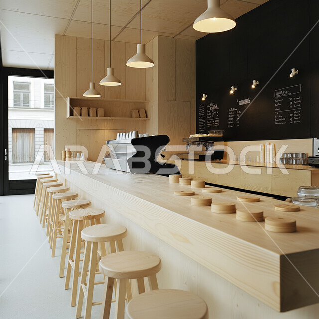 صالة مقهى بديكورات وألوان متناسقة، التصاميم الداخلية للكافيهات والمطاعم, الهندسة الفنية المعمارية لبناء المقاهي في المملكة العربية السعودية, أثاث داخلي أنيق وبسيط, استخدام الأضواء والاكسسوارات العصرية, الطاولات الخشبية المحاطة بالكراسي, أجواء الاسترخاء والهدوء