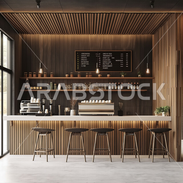 صالة مقهى بديكورات وألوان متناسقة، التصاميم الداخلية للكافيهات والمطاعم, الهندسة الفنية المعمارية لبناء المقاهي في المملكة العربية السعودية, أثاث داخلي أنيق وبسيط, استخدام الأضواء والاكسسوارات العصرية, الطاولات الخشبية المحاطة بالكراسي, أجواء الاسترخاء والهدوء