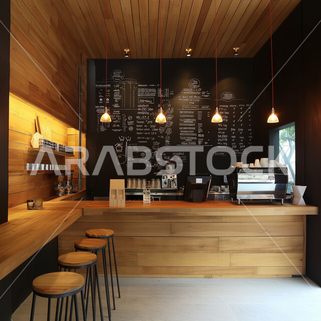 التصاميم الداخلية للكافيهات والمطاعم, صالة مقهى بديكورات وألوان متناسقة، الهندسة الفنية المعمارية لبناء المقاهي في المملكة العربية السعودية, أثاث داخلي أنيق وبسيط, استخدام الأضواء والاكسسوارات العصرية, الطاولات الخشبية المحاطة بالكراسي, أجواء الاسترخاء والهدوء