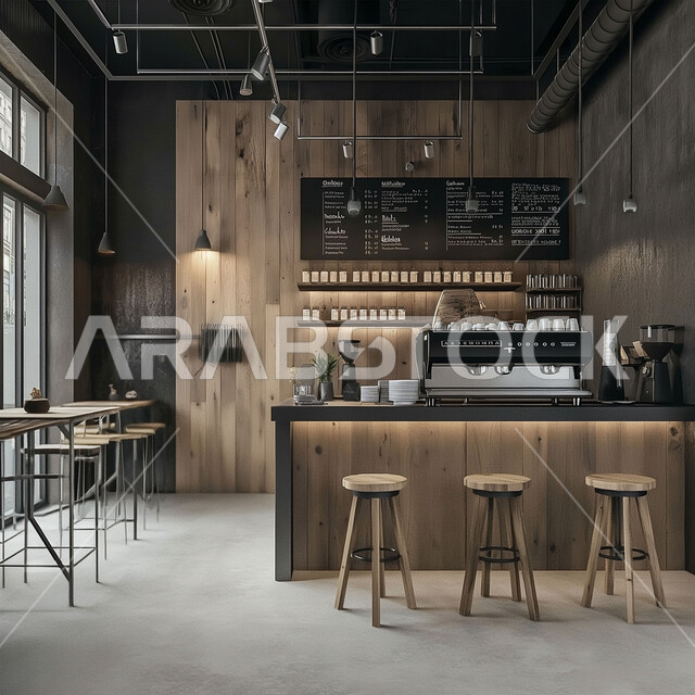 التصاميم الداخلية للكافيهات والمطاعم, صالة مقهى بديكورات وألوان متناسقة، الهندسة الفنية المعمارية لبناء المقاهي في المملكة العربية السعودية, أثاث داخلي أنيق وبسيط, استخدام الأضواء والاكسسوارات العصرية, الطاولات الخشبية المحاطة بالكراسي, أجواء الاسترخاء والهدوء