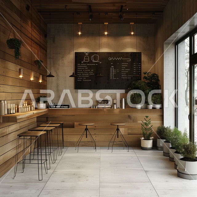 التصاميم الداخلية للكافيهات والمطاعم, صالة مقهى بديكورات وألوان متناسقة، الهندسة الفنية المعمارية لبناء المقاهي في المملكة العربية السعودية, أثاث داخلي أنيق وبسيط, استخدام الأضواء والاكسسوارات العصرية, الطاولات الخشبية المحاطة بالكراسي, أجواء الاسترخاء والهدوء