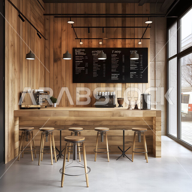 الهندسة الفنية المعمارية لبناء المقاهي في المملكة العربية السعودية, التصاميم الداخلية للكافيهات والمطاعم, صالة مقهى بديكورات وألوان متناسقة، أثاث داخلي أنيق وبسيط, استخدام الأضواء والاكسسوارات العصرية, الطاولات الخشبية المحاطة بالكراسي, أجواء الاسترخاء والهدوء