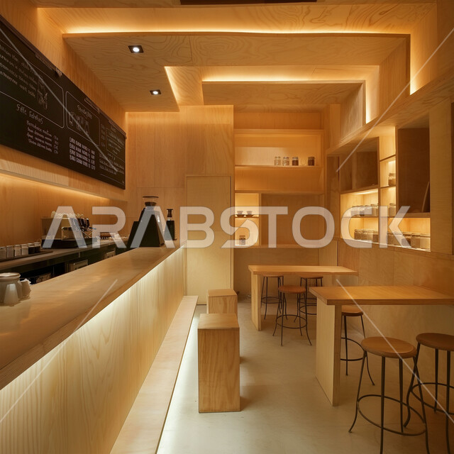 الهندسة الفنية المعمارية لبناء المقاهي في المملكة العربية السعودية, التصاميم الداخلية للكافيهات والمطاعم, صالة مقهى بديكورات وألوان متناسقة، أثاث داخلي أنيق وبسيط, استخدام الأضواء والاكسسوارات العصرية, الطاولات الخشبية المحاطة بالكراسي, أجواء الاسترخاء والهدوء