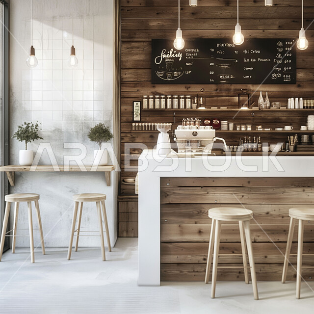 الهندسة الفنية المعمارية لبناء المقاهي في المملكة العربية السعودية, التصاميم الداخلية للكافيهات والمطاعم, صالة مقهى بديكورات وألوان متناسقة، أثاث داخلي أنيق وبسيط, استخدام الأضواء والاكسسوارات العصرية, الطاولات الخشبية المحاطة بالكراسي, أجواء الاسترخاء والهدوء