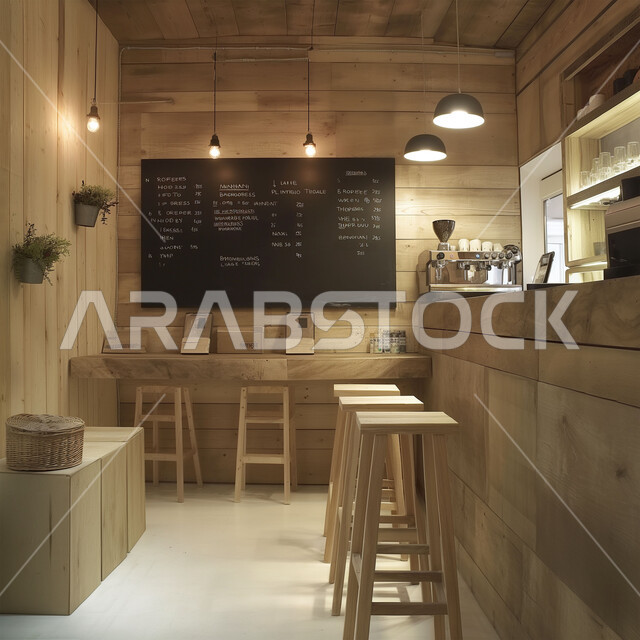 الهندسة الفنية المعمارية لبناء المقاهي في المملكة العربية السعودية, التصاميم الداخلية للكافيهات والمطاعم, صالة مقهى بديكورات وألوان متناسقة، أثاث داخلي أنيق وبسيط, استخدام الأضواء والاكسسوارات العصرية, الطاولات الخشبية المحاطة بالكراسي, أجواء الاسترخاء والهدوء