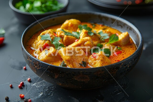 طبق من الدجاج المحمر بالكاري والتوابل المزين بالبقدونس والخضراوات على الطاولة، وجبات وأطباق عربية الشعبية، وصفات طعام المطبخ السعودي التقليدية المشهورة، مطاعم للمأكولات الشرقية الشهية في المملكة العربية السعودية