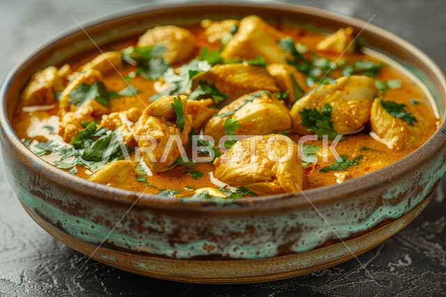 طبق من الدجاج المحمر بالكاري والتوابل المزين بالبقدونس والخضراوات على الطاولة، وجبات وأطباق عربية الشعبية، وصفات طعام المطبخ السعودي التقليدية المشهورة، مطاعم للمأكولات الشرقية الشهية في المملكة العربية السعودية