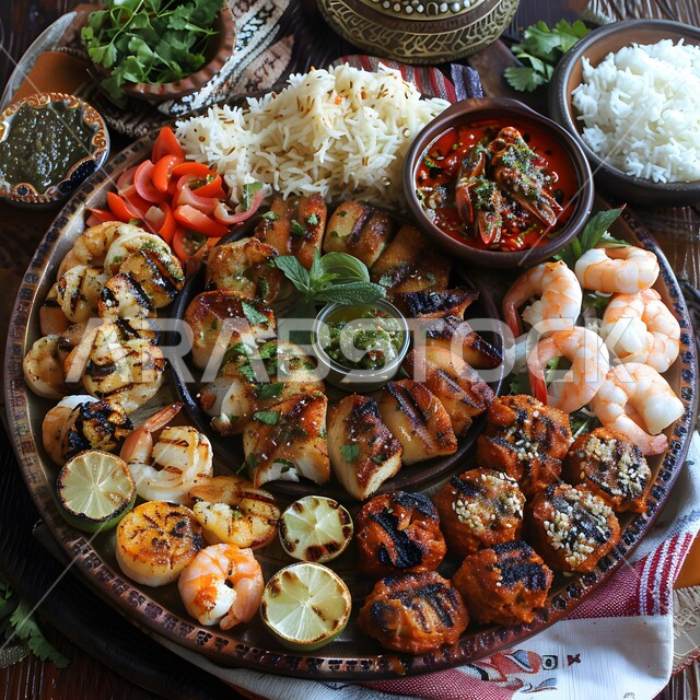 الأساليب الفنية في تقديم الطعام، المقبلات والأطباق العربية الشرقية اللذيذة، مائدة مليئة بالأكلات وأصناف اللحوم، سفرة من الباربكيو الشعبية الشهية، وجبات غذائية صحية غنية بالبروتين, صورة من الأعلى لأسياخ المأكولات البحرية واللحم مع شرائح الليمون المشوية