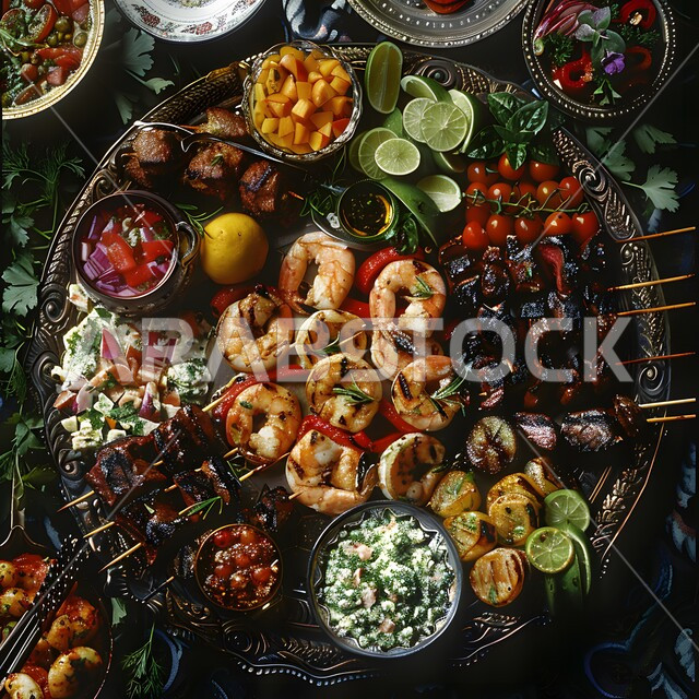 Delicious oriental Arabic appetizers and dishes, a table full of grilled meats and dishes, a table of delicious popular barbecue, healthy meals rich in protein, artistic methods of serving food, a top view of seafood skewers and grilled meat on a silver plate