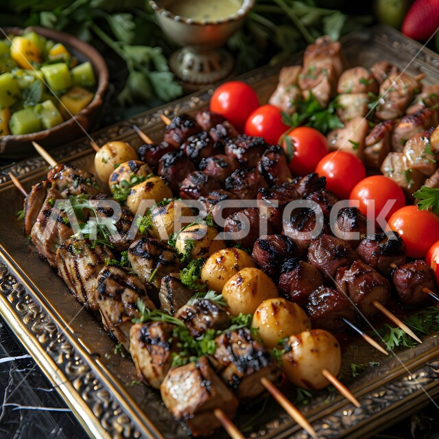 الأساليب الفنية في تقديم الطعام, المقبلات والأطباق العربية الشرقية اللذيذة, مائدة مليئة بالمأكولات وأصناف اللحوم المشوية, سفرة من الباربكيو الشعبية الشهية, وجبات غذائية صحية غنية بالبروتين, صورة من الأعلى لأسياخ مشوية مع البطاطس والطماطم
