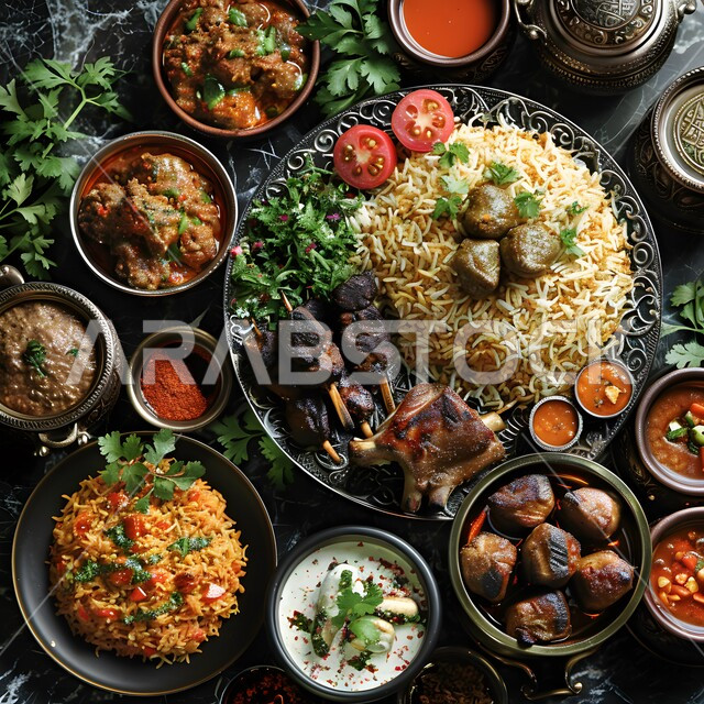 سفرة شعبية شهية, الأساليب الفنية في تقديم الطعام, المقبلات والأطباق العربية الشرقية اللذيذة, مائدة مليئة بالأكلات وأصناف اللحوم المشوية, صورة من الأعلى لوليمة من المأكولات الشرق أوسطية بالنكهات والقوام الغني