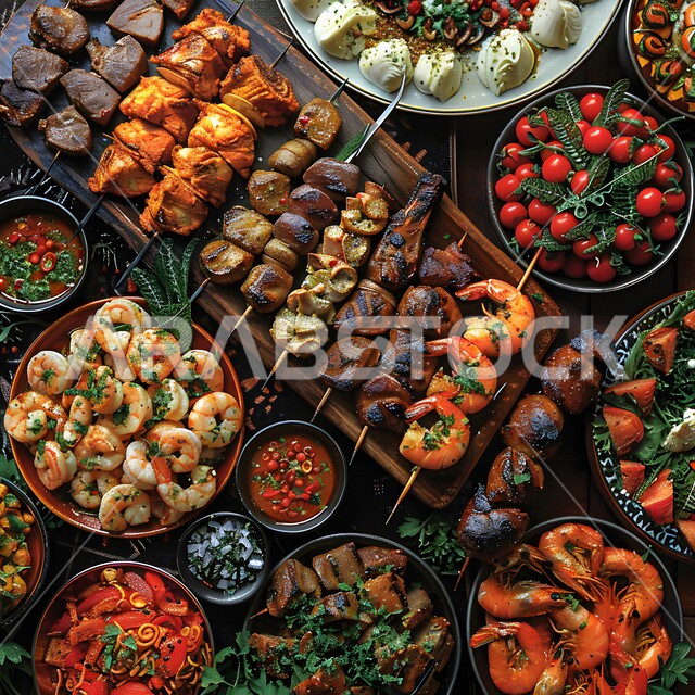 سفرة من الباربكيو الشعبية الشهية، وجبات غذائية صحية غنية بالبروتين, الأساليب الفنية في تقديم الطعام, المقبلات والأطباق العربية الشرقية اللذيذة, مائدة مليئة بالمأكولات وأصناف اللحوم المشوية, صورة من الأعلى لأشهى المشويات