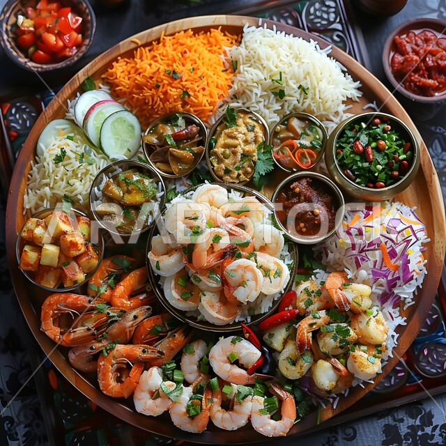 المقبلات والأطباق العربية الشرقية اللذيذة، مائدة مليئة بالمأكولات وأصناف الطعام الشهي، سفرة من الأكلات الشعبية الشهية، وجبات غذائية صحية غنية بالبروتين, الأساليب الفنية في تقديم الأطعمة, صورة من الأعلى لطبق الروبيان والأرز مع أطباق جانبية متنوعة