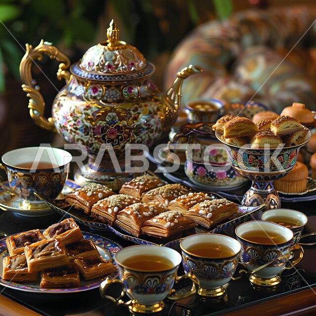 شاي تقليدي مع قطع الحلوى اللذيذة، حسن الضيافة و كرم الاستقبال في المملكة العربية السعودية، العادات العربية القديمة في الأعياد والمناسبات، الاستمتاع بالمشروبات الساخنة مع حلويات العيد