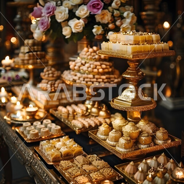 حلويات لذيذة شعبية بالفستق والمكسرات، أكلات غنية بالسكريات والسعرات الحرارية، ضيافة الأعياد والمناسبات في المملكة العربية السعودية, وصفات الأطعمة العربية الشرقية, طاولة حلوى ذهبية مع مأكولات فاخرة