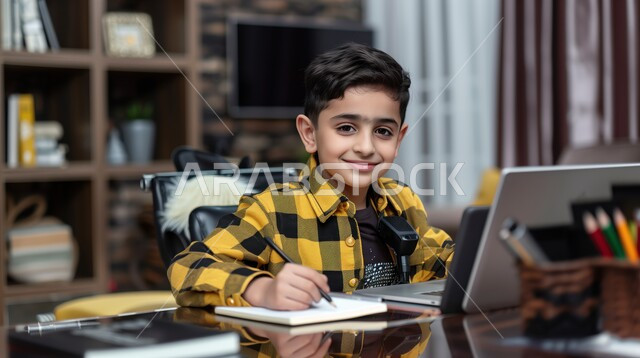 الاجتهاد والمشاركة التطوعية من خلال دورات التعلم عن بعد، بورتريه لتلميذ عربي خليجي سعودي, يحضر دروسه عن طريق الكمبيوتر، طالب  يجلس على طاولة الدارسة ويمسك بيده القلم ويضع الدفتر امامه