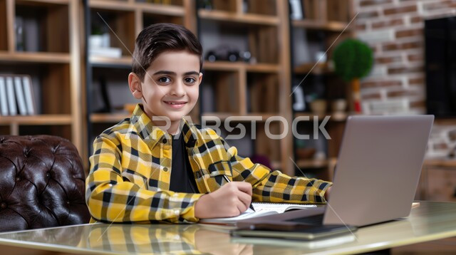 الاجتهاد والمشاركة التطوعية من خلال دورات التعلم عن بعد، بورتريه لتلميذ عربي خليجي سعودي, يحضر دروسه عن طريق الكمبيوتر، طالب  يجلس على طاولة الدارسة ويمسك بيده القلم ويضع الدفتر امامه