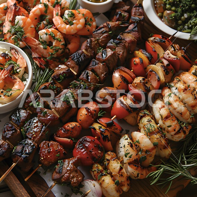 سفرة مليئة بأنواع اللحوم المشوية, وجبات غذائية غنية بالبروتين, وصفات الطعام الصحية الشهية, فنون تقديم الأطعمة الشرقية اللذيذة ,مأكولات وأطباق عربية تقليدية, أسياخ الروبيان المشوي وشرائح اللحم والخضروات