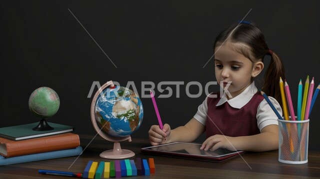 تأدية الواجبات المدرسية، بورتريه لطالبة عربية خليجية سعودية، بالزي المدرسي تجلس على طاولة الدراسة، بجانبها مجموعة من الأقلام والكتب المدرسية ومجسم الكرة الأرضية، الإستعداد للعام الدراسي الجديد، التعليم الدراسي في السعودية، العودة إلى المدارس