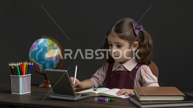 تأدية الواجبات المدرسية، بورتريه لطالبة عربية خليجية سعودية، بالزي المدرسي تجلس على طاولة الدراسة، بجانبها مجموعة من الأقلام والكتب المدرسية ومجسم الكرة الأرضية، الإستعداد للعام الدراسي الجديد، التعليم الدراسي في السعودية، العودة إلى المدارس