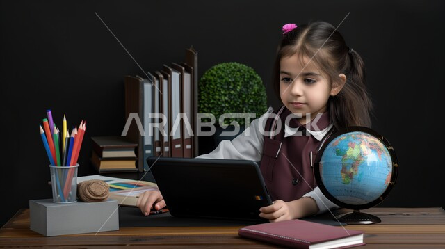 تأدية الواجبات المدرسية، بورتريه لطالبة عربية خليجية سعودية، بالزي المدرسي تجلس على طاولة الدراسة، بجانبها مجموعة من الأقلام والكتب المدرسية ومجسم الكرة الأرضية، الإستعداد للعام الدراسي الجديد، التعليم الدراسي في السعودية، العودة إلى المدارس