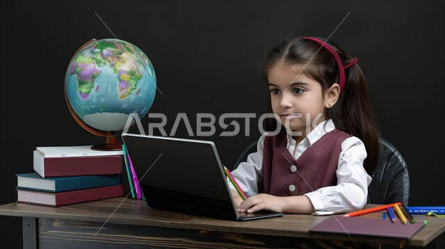 تأدية الواجبات المدرسية، بورتريه لطالبة عربية خليجية سعودية، بالزي المدرسي تجلس على طاولة الدراسة، بجانبها مجموعة من الأقلام والكتب المدرسية ومجسم الكرة الأرضية، الإستعداد للعام الدراسي الجديد، التعليم الدراسي في السعودية، العودة إلى المدارس