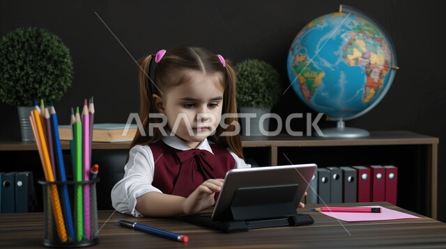 تأدية الواجبات المدرسية، بورتريه لطالبة عربية خليجية سعودية، بالزي المدرسي تجلس على طاولة الدراسة، بجانبها مجموعة من الأقلام والكتب المدرسية ومجسم الكرة الأرضية، الإستعداد للعام الدراسي الجديد، التعليم الدراسي في السعودية، العودة إلى المدارس
