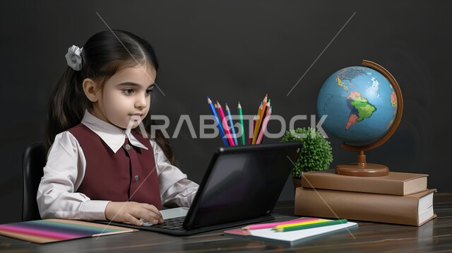 الإستعداد للعام الدراسي الجديد، تأدية الواجبات المدرسية، بورتريه لطالبة عربية خليجية سعودية بالزي المدرسي تجلس على طاولة الدراسة، بجانبها مجموعة من الأقلام والكتب المدرسية ومجسم الكرة الأرضية، التعليم الدراسي في السعودية، العودة إلى المدارس