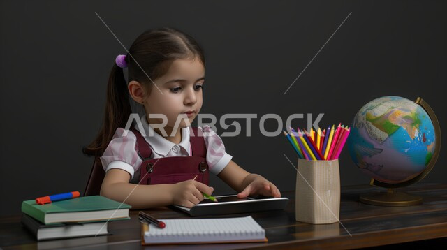 الإستعداد للعام الدراسي الجديد، تأدية الواجبات المدرسية، بورتريه لطالبة عربية خليجية سعودية بالزي المدرسي تجلس على طاولة الدراسة، بجانبها مجموعة من الأقلام والكتب المدرسية ومجسم الكرة الأرضية، التعليم الدراسي في السعودية، العودة إلى المدارس