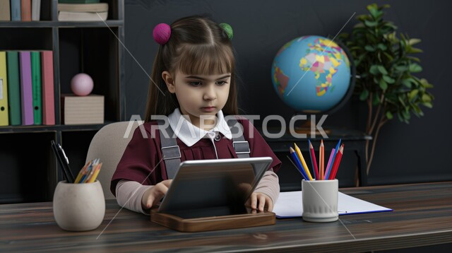 الإستعداد للعام الدراسي الجديد، تأدية الواجبات المدرسية، بورتريه لطالبة عربية خليجية سعودية بالزي المدرسي تجلس على طاولة الدراسة، بجانبها مجموعة من الأقلام والكتب المدرسية ومجسم الكرة الأرضية، التعليم الدراسي في السعودية، العودة إلى المدارس