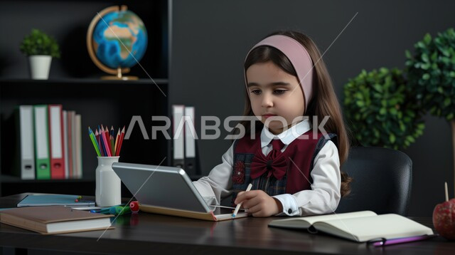 الإستعداد للعام الدراسي الجديد، تأدية الواجبات المدرسية، بورتريه لطالبة عربية خليجية سعودية بالزي المدرسي تجلس على طاولة الدراسة، بجانبها مجموعة من الأقلام والكتب المدرسية ومجسم الكرة الأرضية، التعليم الدراسي في السعودية، العودة إلى المدارس