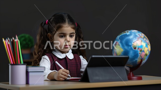 الإستعداد للعام الدراسي الجديد، تأدية الواجبات المدرسية، بورتريه لطالبة عربية خليجية سعودية بالزي المدرسي تجلس على طاولة الدراسة، بجانبها مجموعة من الأقلام والكتب المدرسية ومجسم الكرة الأرضية، التعليم الدراسي في السعودية، العودة إلى المدارس