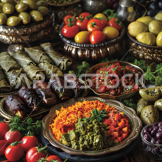 مائدة مليئة بالوجبات المتنوعة، سفرة من الأكلات الشعبية الشهية, أصناف الطعام و المقبلات التقليدية المشهورة, الأطباق العربية الشرقية اللذيذة, وليمة من نكهات أطباق الشرق الأوسط