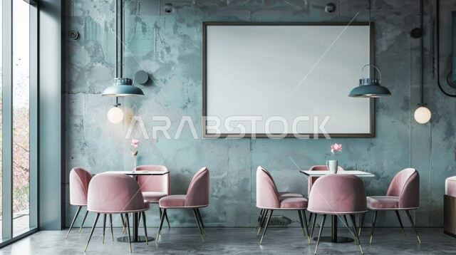 صالة مقهى بديكورات وألوان جذابة، أثاث داخلي راقي بالوان عصرية لمطعم في المملكة العربية السعودية، الفن الهندسي المعماري على الطراز الحديث، الديكورات والتصاميم الداخلية للكافيهات والمطاعم