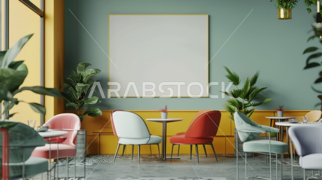 صالة مقهى بديكورات وألوان جذابة، أثاث داخلي راقي بالوان عصرية لمطعم في المملكة العربية السعودية، الفن الهندسي المعماري على الطراز الحديث، الديكورات والتصاميم الداخلية للكافيهات والمطاعم