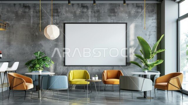 A café lounge with attractive décor and colours, upscale interior furniture in modern colors for a restaurant in the Kingdom of Saudi Arabia, modern architectural art, interior decorations and designs for cafés and restaurants.