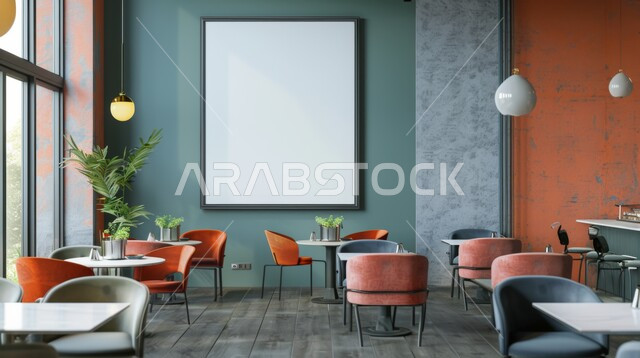 صالة مقهى بديكورات وألوان جذابة، أثاث داخلي راقي بالوان عصرية لمطعم في المملكة العربية السعودية، الفن الهندسي المعماري على الطراز الحديث، الديكورات والتصاميم الداخلية للكافيهات والمطاعم